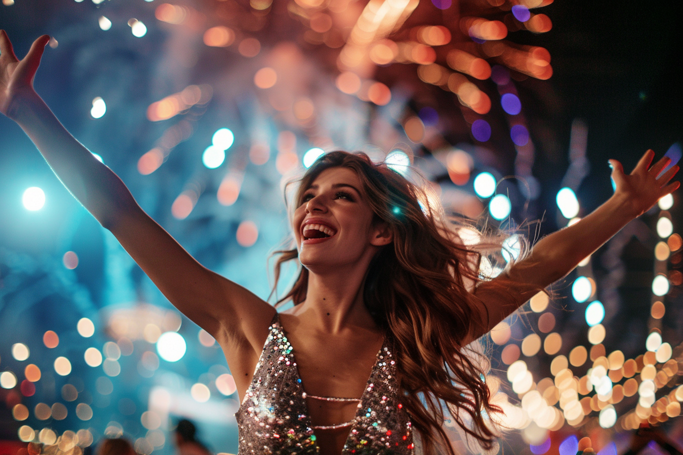 Image gratuite Femme, robe sequins, célébrant, feux d&rsquo;artifice, Nouvel An 2