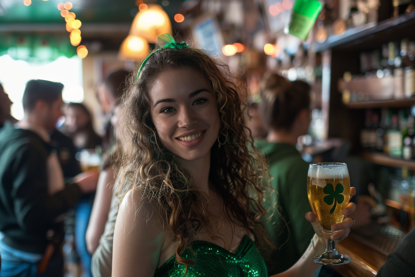 Image gratuite Femme, robe verte, trèfle, pub bondé, Saint-Patrick 2