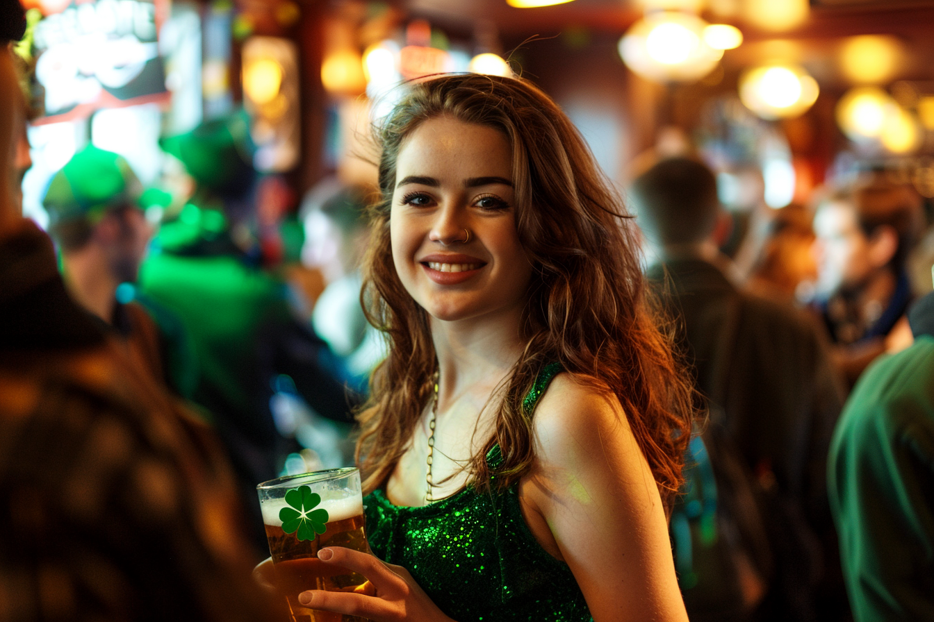 Image gratuite Femme, robe verte, trèfle, pub bondé, Saint-Patrick 3