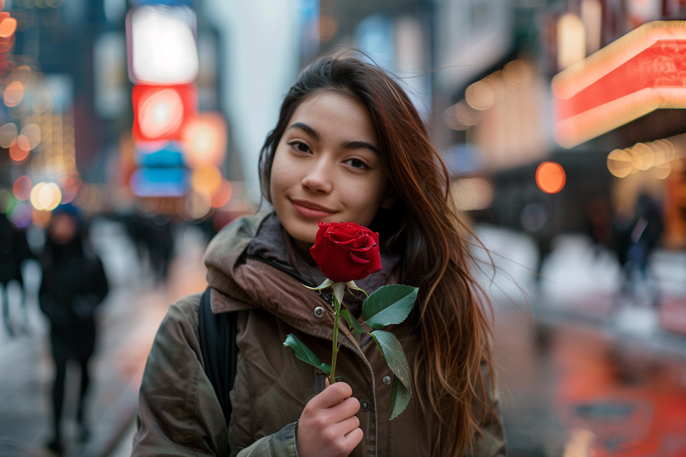 Image gratuite Femme, rose rouge, rue animée, Saint-Valentin 1