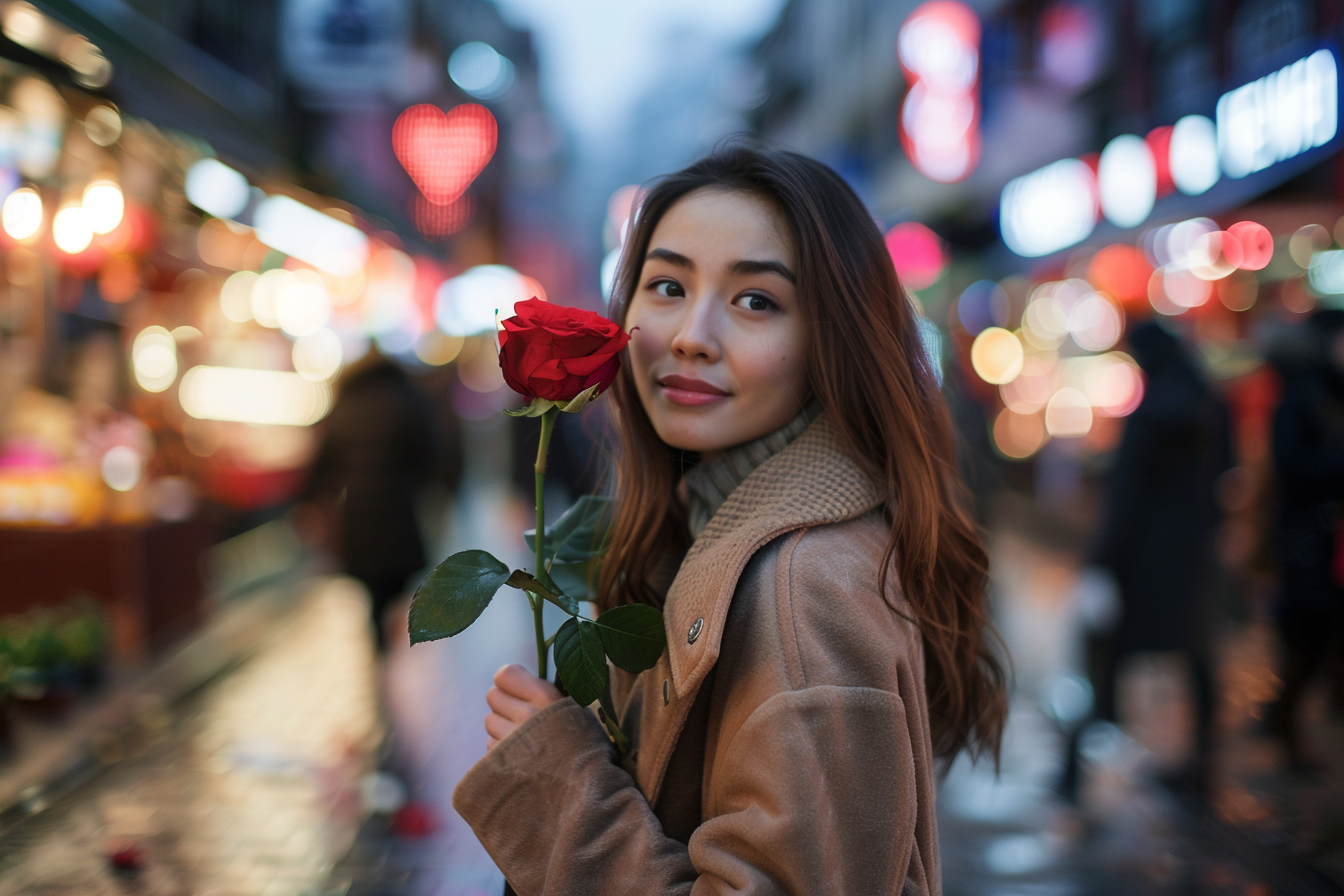 Image gratuite Femme, rose rouge, rue animée, Saint-Valentin 2