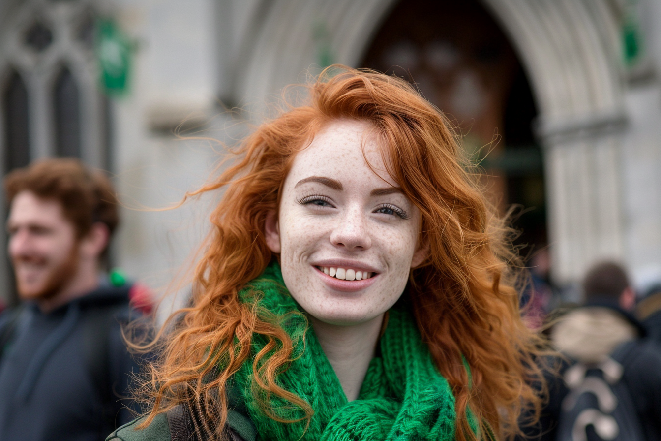 Image gratuite Femme rousse, accessoires verts, souriant, cathédrale, St-Patrick 3