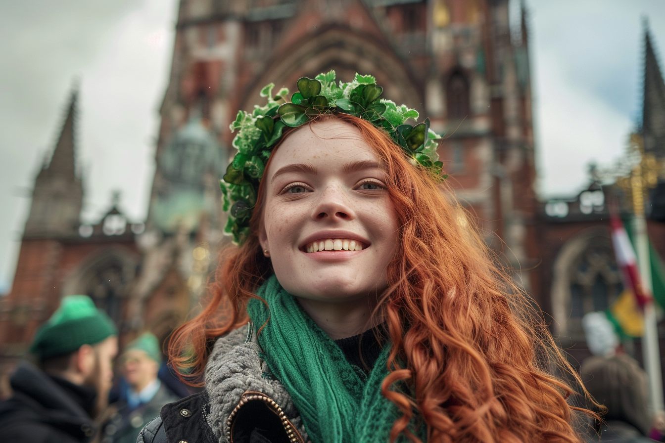 Image gratuite Femme rousse, accessoires verts, souriant, cathédrale, St-Patrick 4