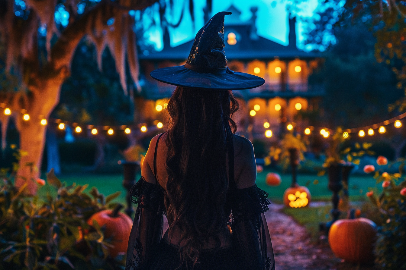 Image gratuite Femme sorcière, maison hantée, citrouilles, lumières 1