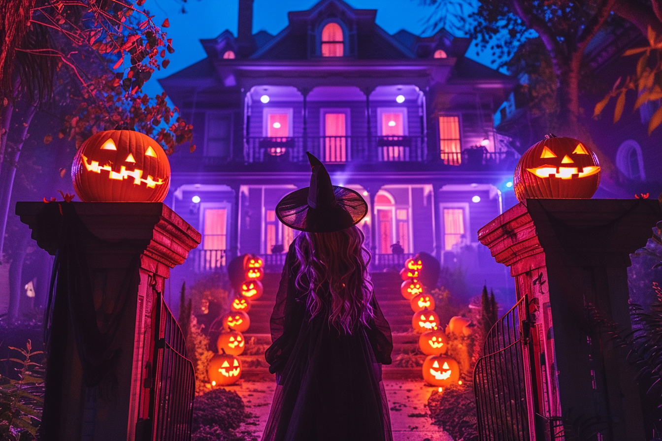Image gratuite Femme sorcière, maison hantée, citrouilles, lumières 10