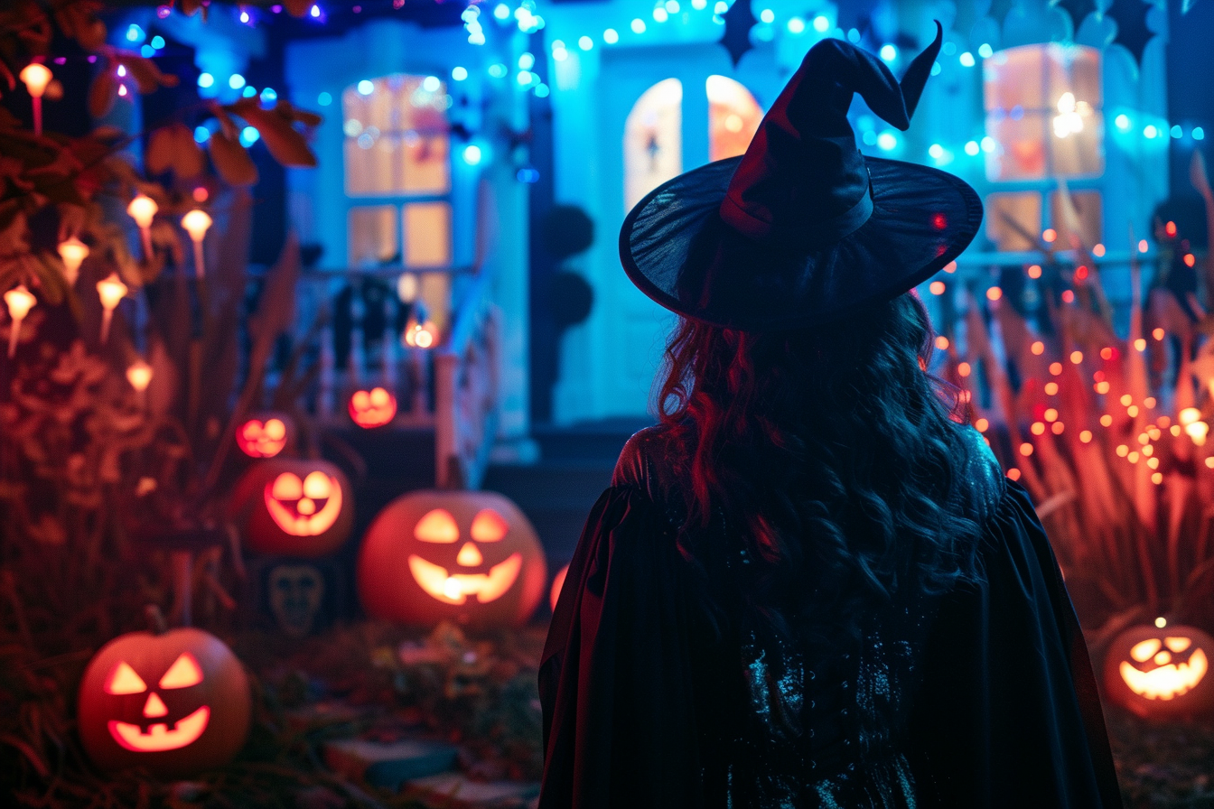 Image gratuite Femme sorcière, maison hantée, citrouilles, lumières 2