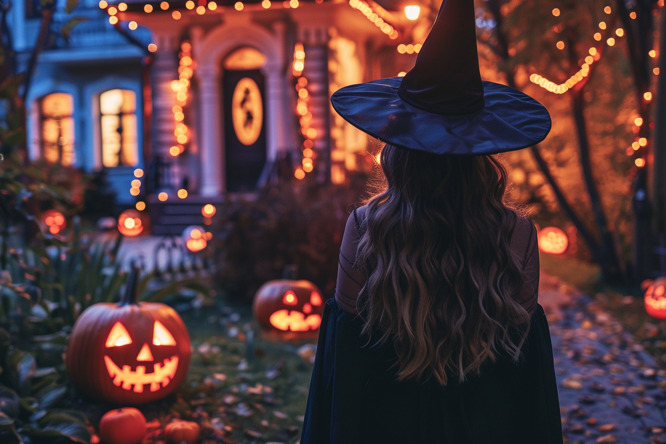 Image gratuite Femme sorcière, maison hantée, citrouilles, lumières 3