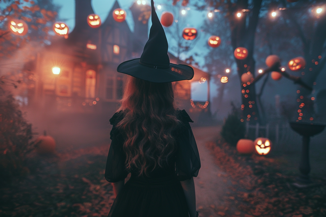 Image gratuite Femme sorcière, maison hantée, citrouilles, lumières 4