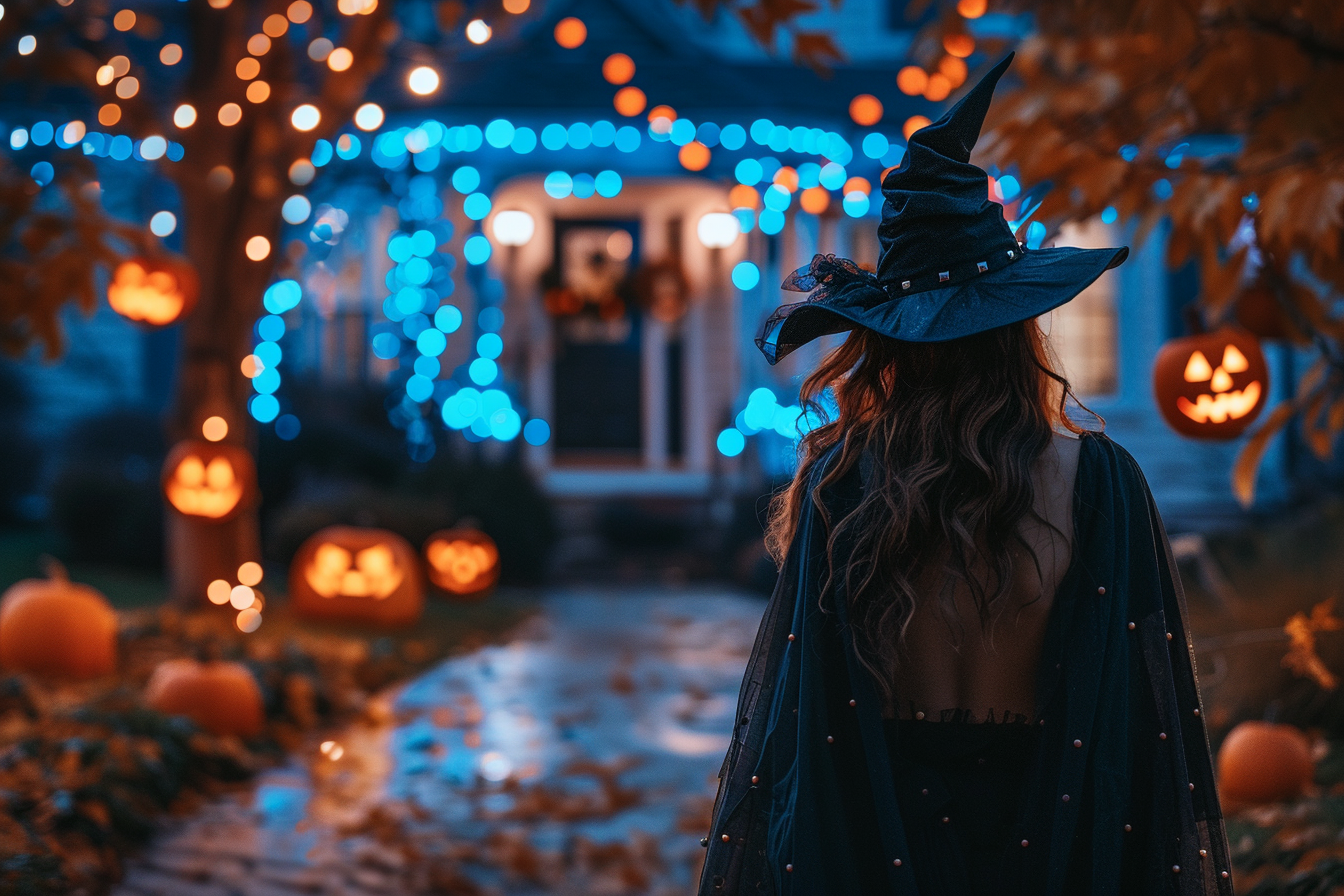 Image gratuite Femme sorcière, maison hantée, citrouilles, lumières 5