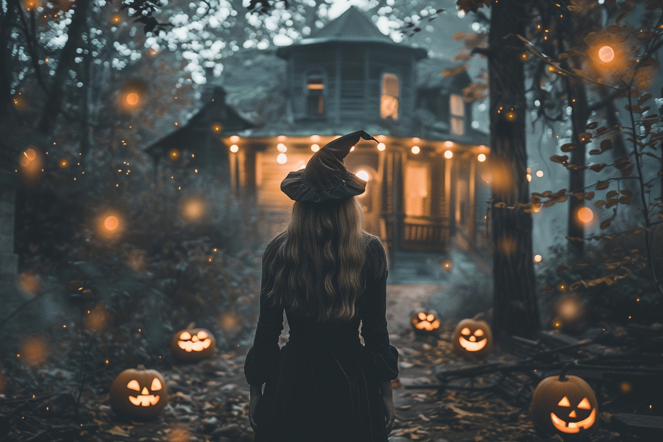 Image gratuite Femme sorcière, maison hantée, citrouilles, lumières 6