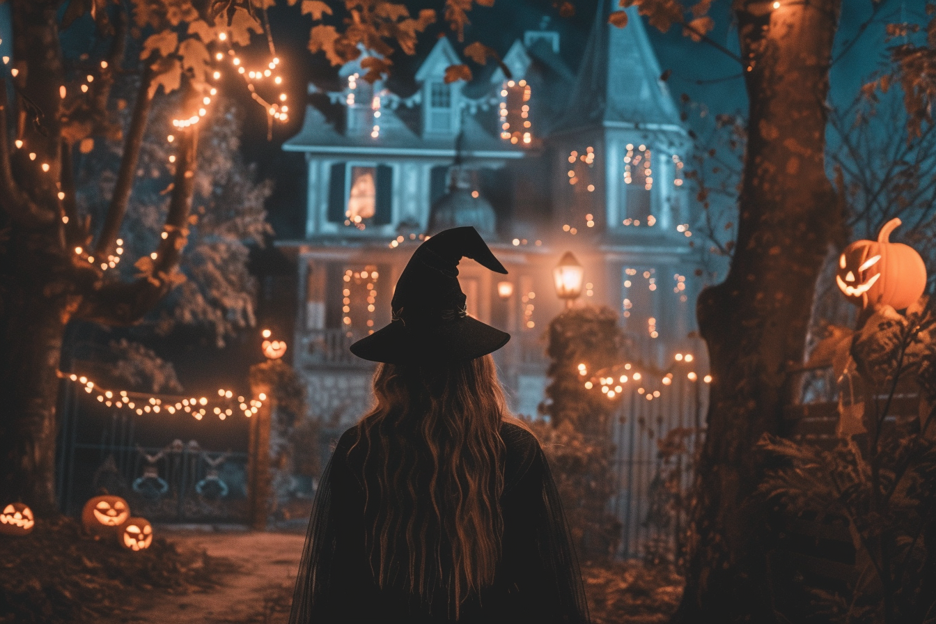 Image gratuite Femme sorcière, maison hantée, citrouilles, lumières 7