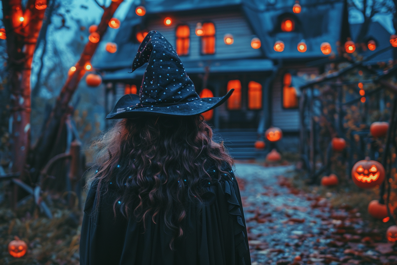 Image gratuite Femme sorcière, maison hantée, citrouilles, lumières 8