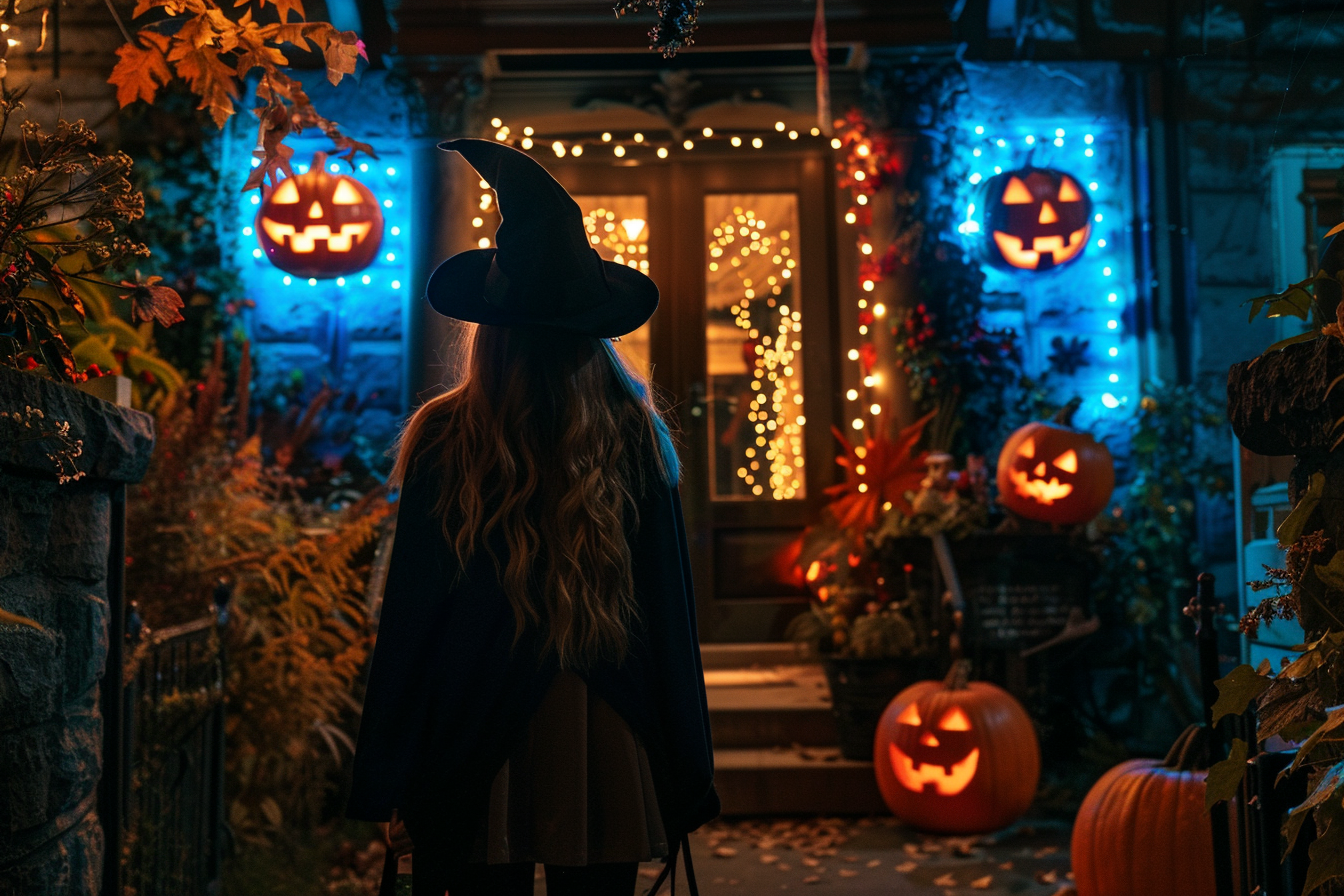 Image gratuite Femme sorcière, maison hantée, citrouilles, lumières 9