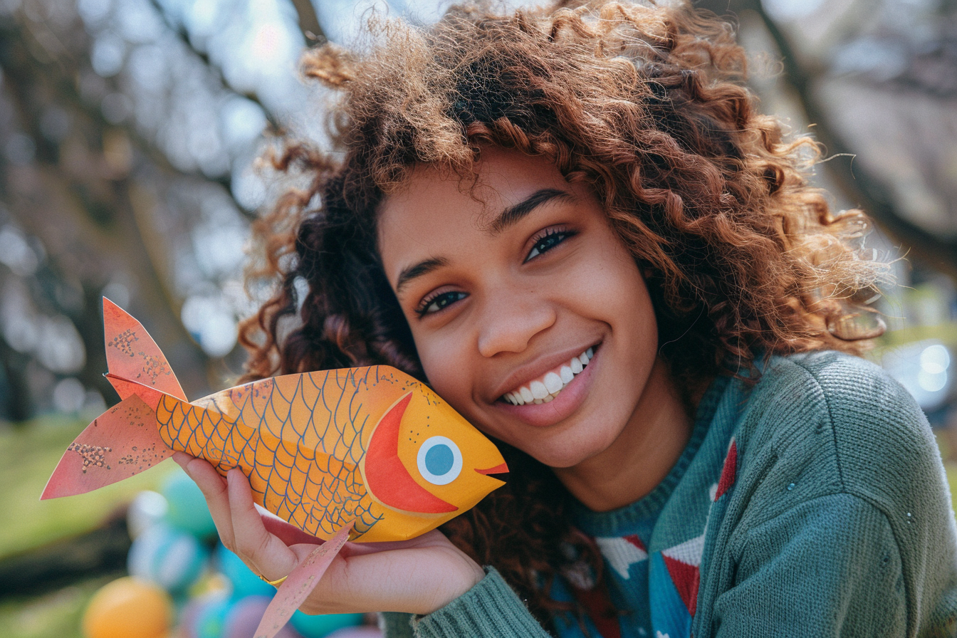 Image gratuite Femme souriant, poisson papier, œuf décoré, parc 1