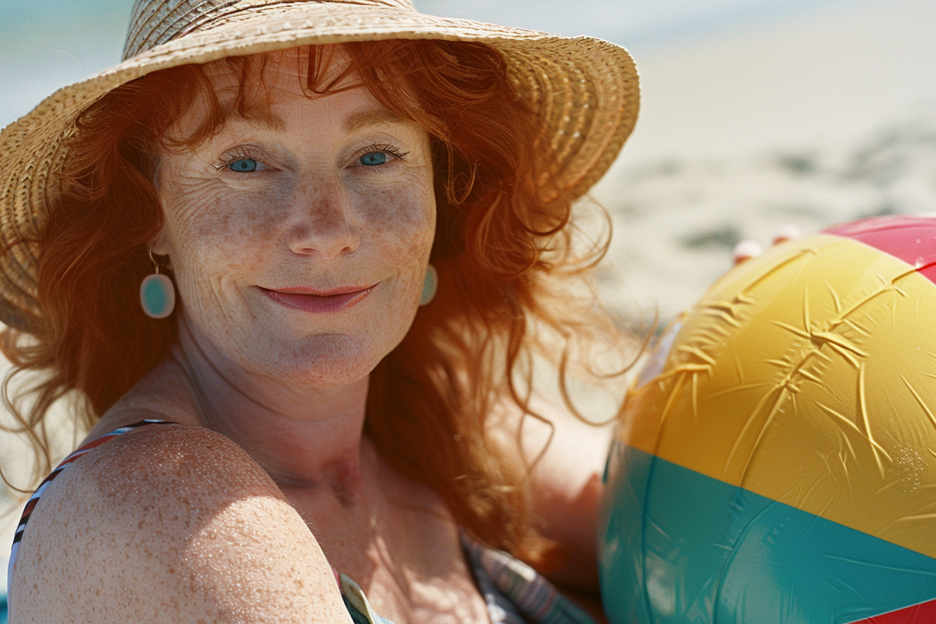 Image gratuite Femme souriante avec un ballon de plage à la mer 1