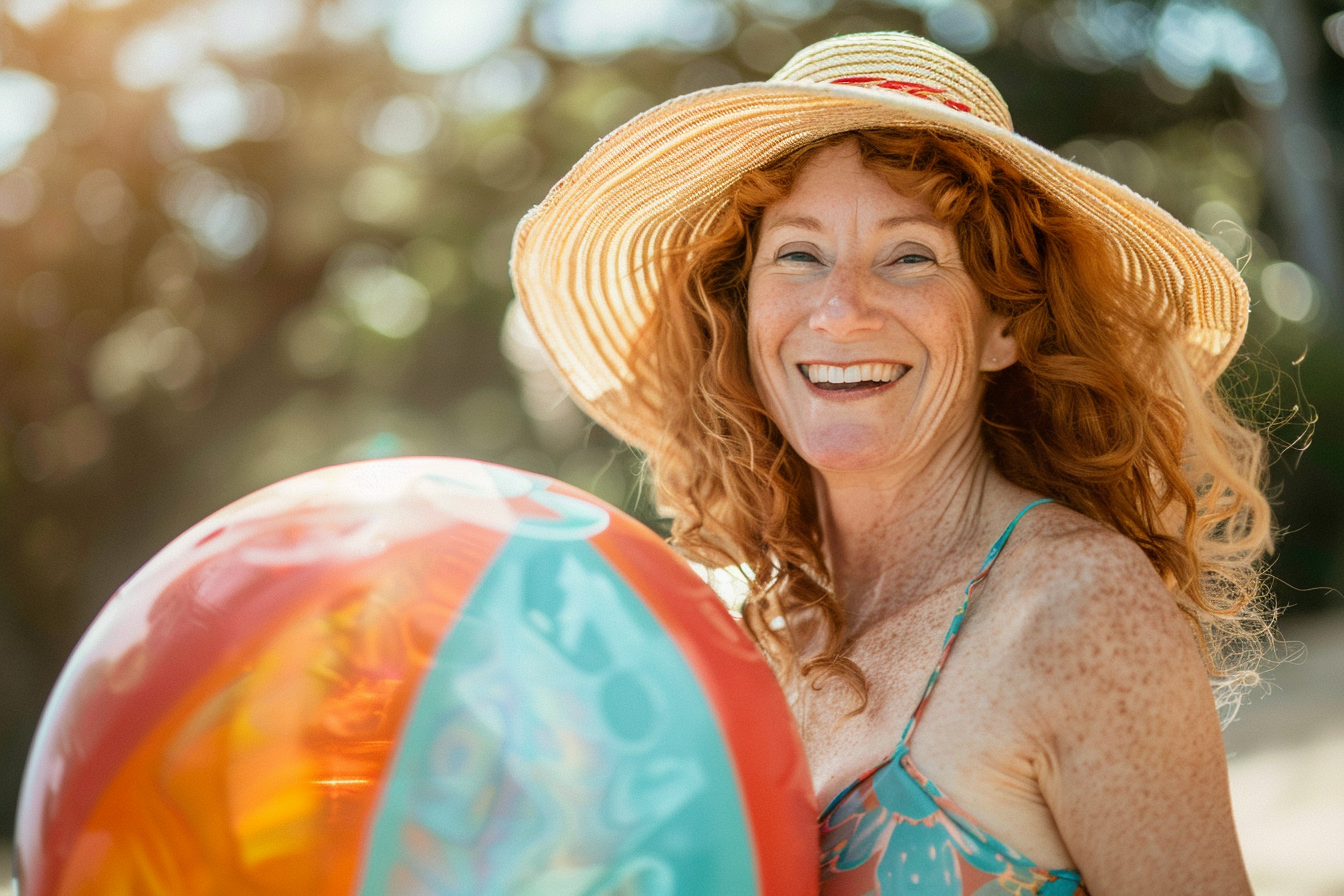 Image gratuite Femme souriante avec un ballon de plage à la mer 3