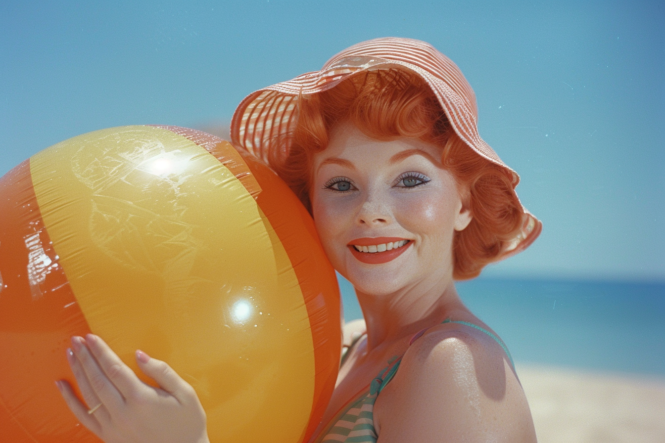 Image gratuite Femme souriante avec un ballon de plage à la mer 4