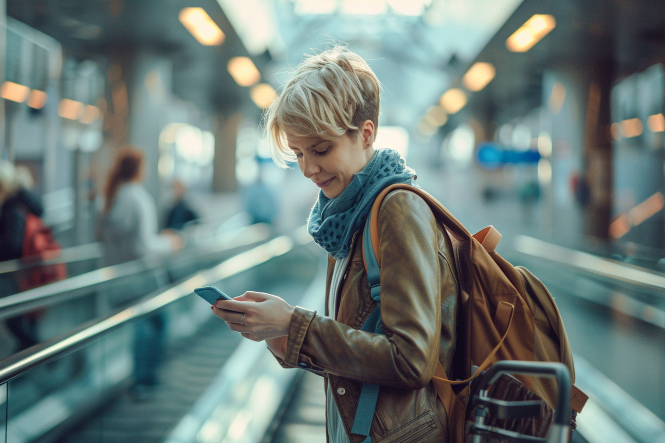 Image gratuite Femme textant pour porte d’embarquement en extérieur 1
