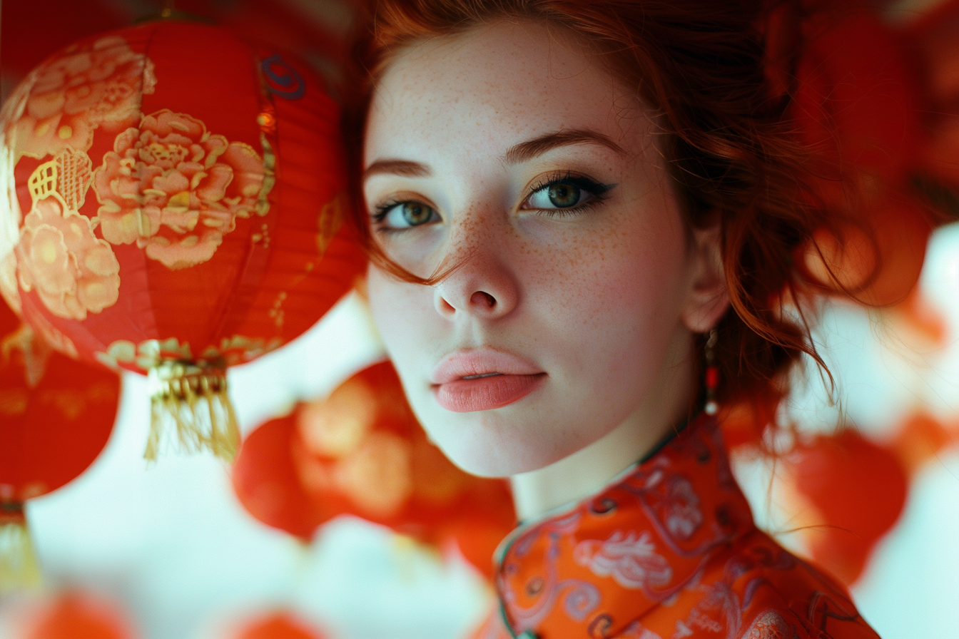 Image gratuite Femme yeux verts cheveux roux fête Nouvel An chinois 1