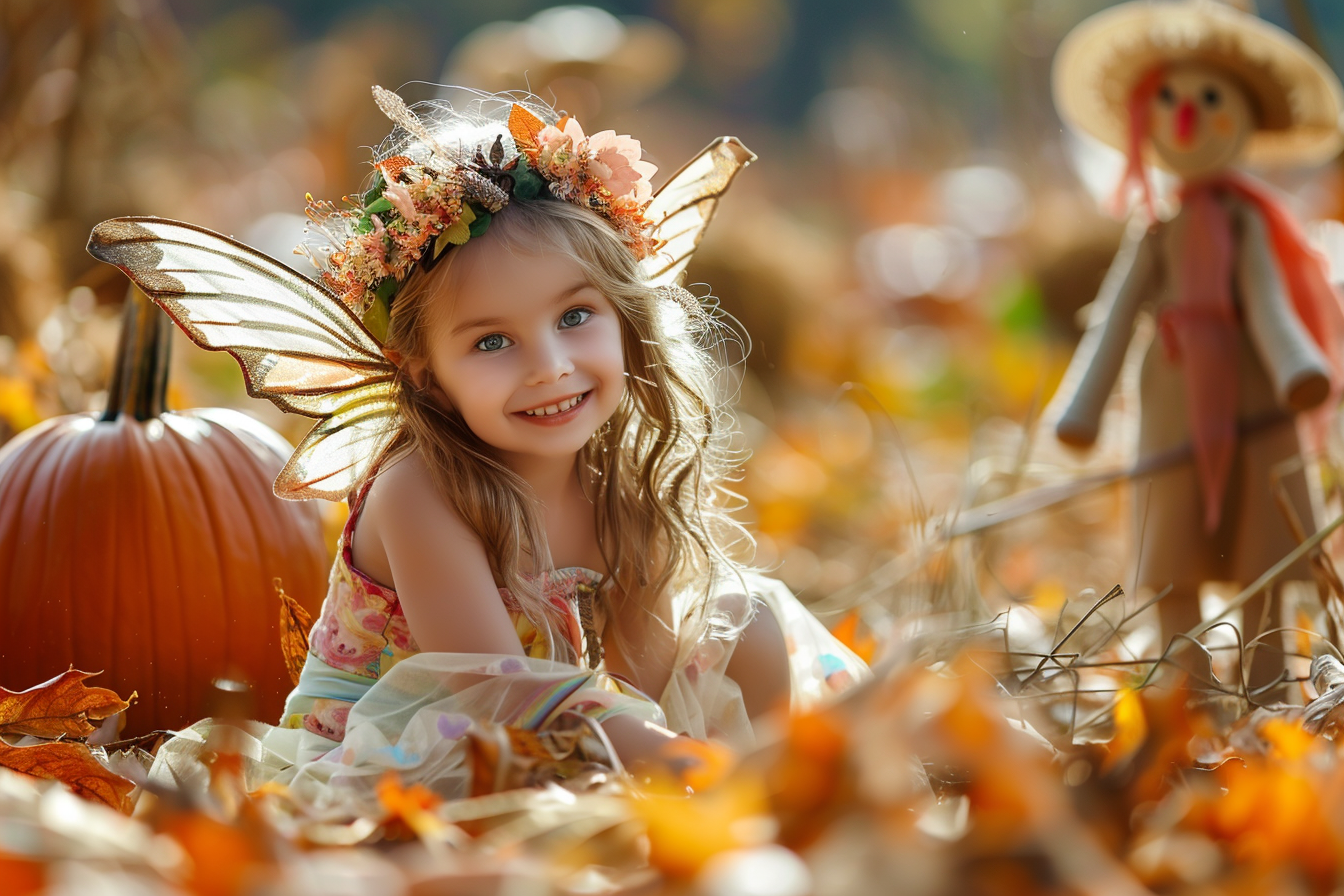 Image gratuite Fille, costume fée, champ citrouilles, épouvantails, feuilles 1