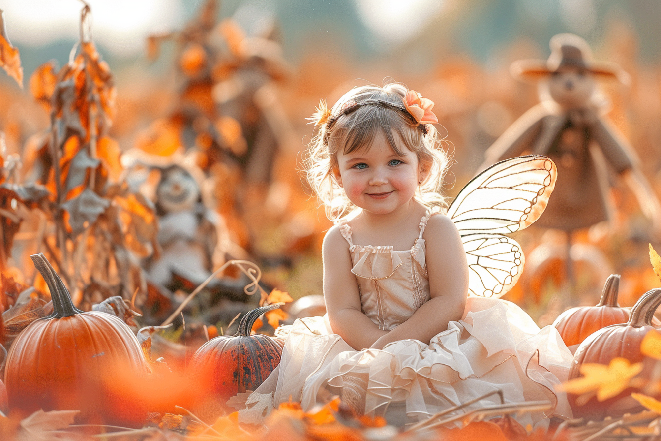 Image gratuite Fille, costume fée, champ citrouilles, épouvantails, feuilles 2