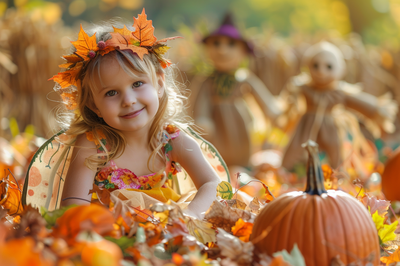 Image gratuite Fille, costume fée, champ citrouilles, épouvantails, feuilles 3