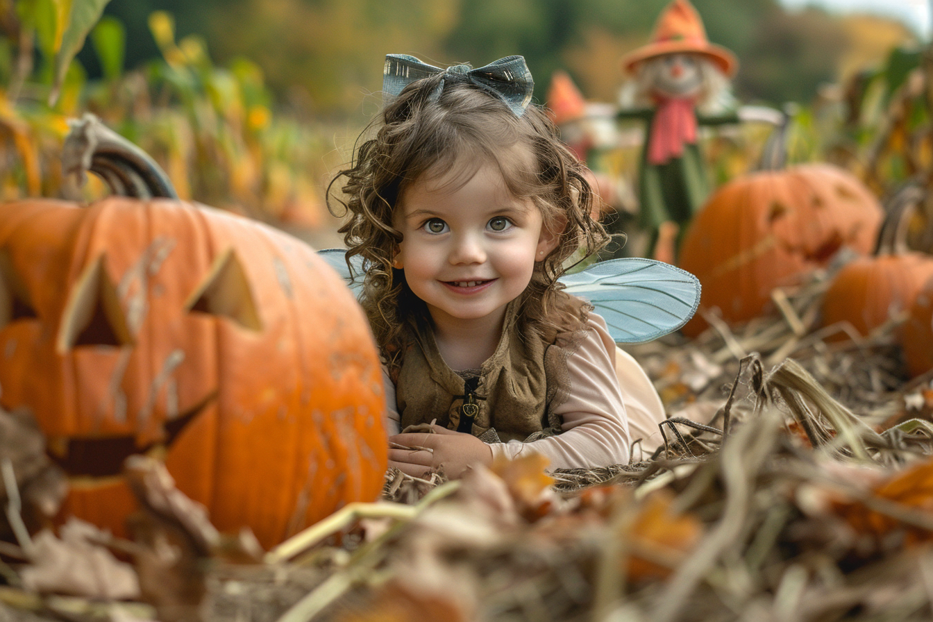 Image gratuite Fille, costume fée, champ citrouilles, épouvantails, feuilles 4