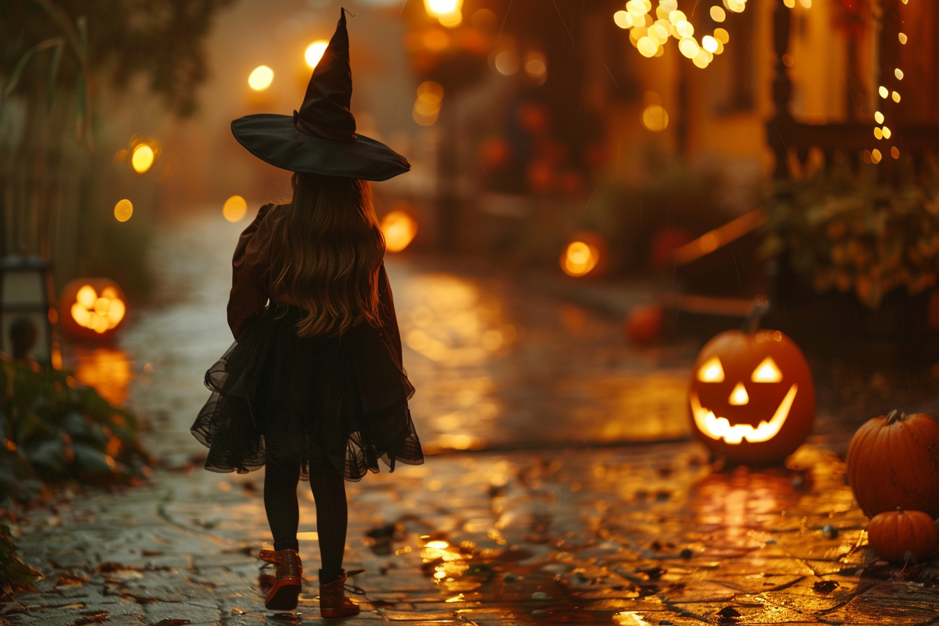 Image gratuite Fille, costume sorcière, porte-à-porte, citrouilles éclairées 1