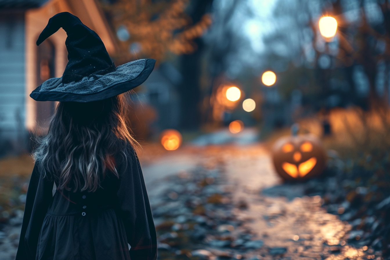Image gratuite Fille, costume sorcière, porte-à-porte, citrouilles éclairées 2
