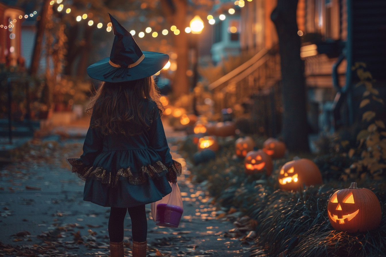 Image gratuite Fille, costume sorcière, porte-à-porte, citrouilles éclairées 3
