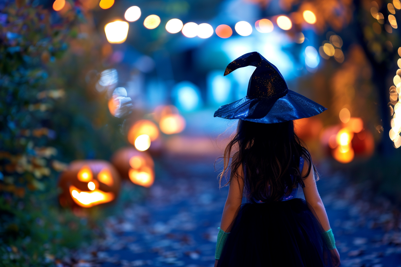Image gratuite Fille, costume sorcière, porte-à-porte, citrouilles éclairées 4