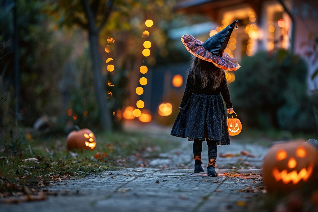 Image gratuite Fille, costume sorcière, porte-à-porte, citrouilles éclairées 5