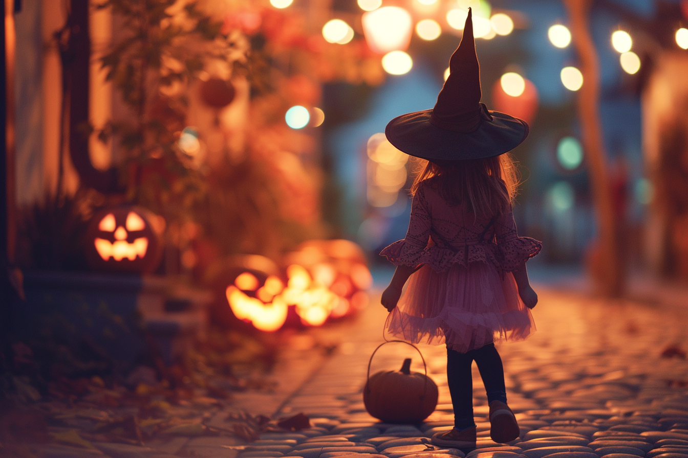 Image gratuite Fille, costume sorcière, porte-à-porte, citrouilles éclairées 6
