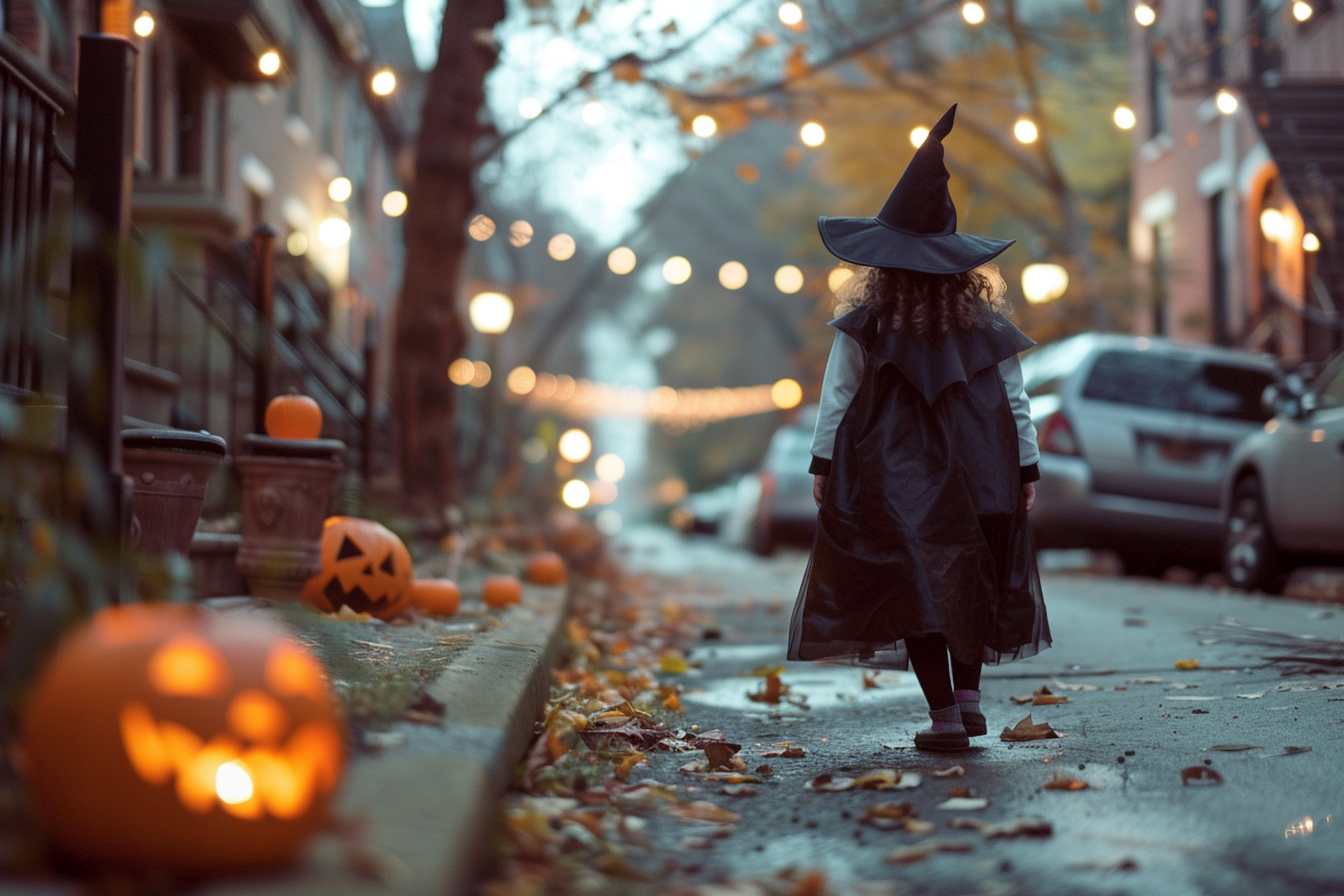 Image gratuite Fille, costume sorcière, porte-à-porte, citrouilles éclairées 7