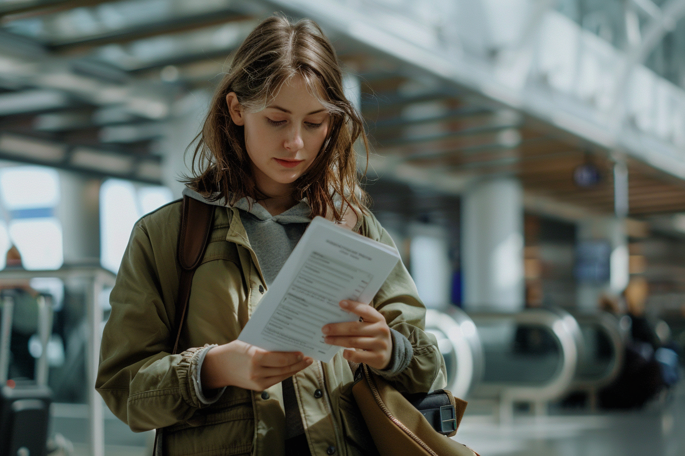Image gratuite Fille effarée fouillant sac pour billet d’embarquement égaré 1