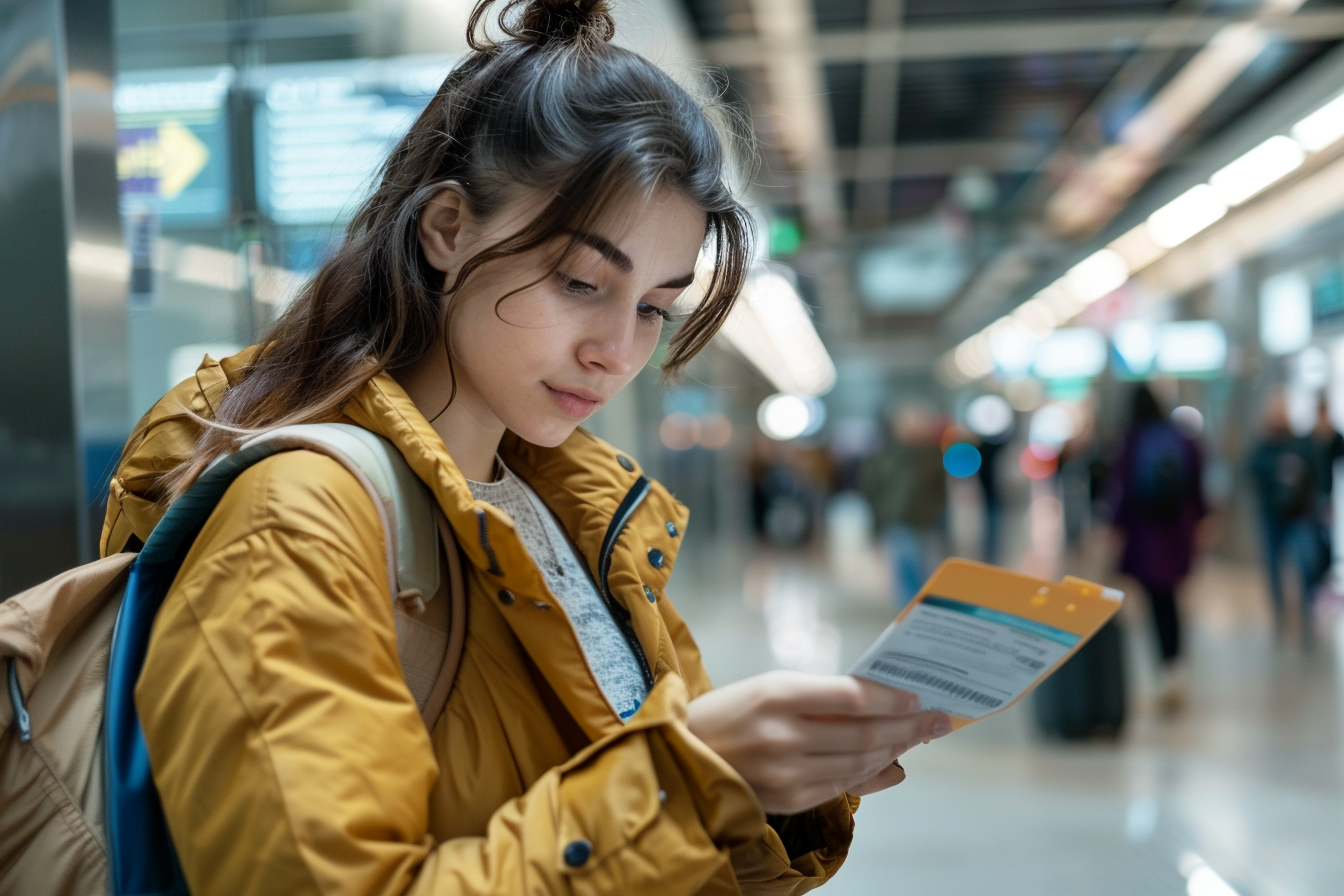 Image gratuite Fille effarée fouillant sac pour billet d’embarquement égaré 2