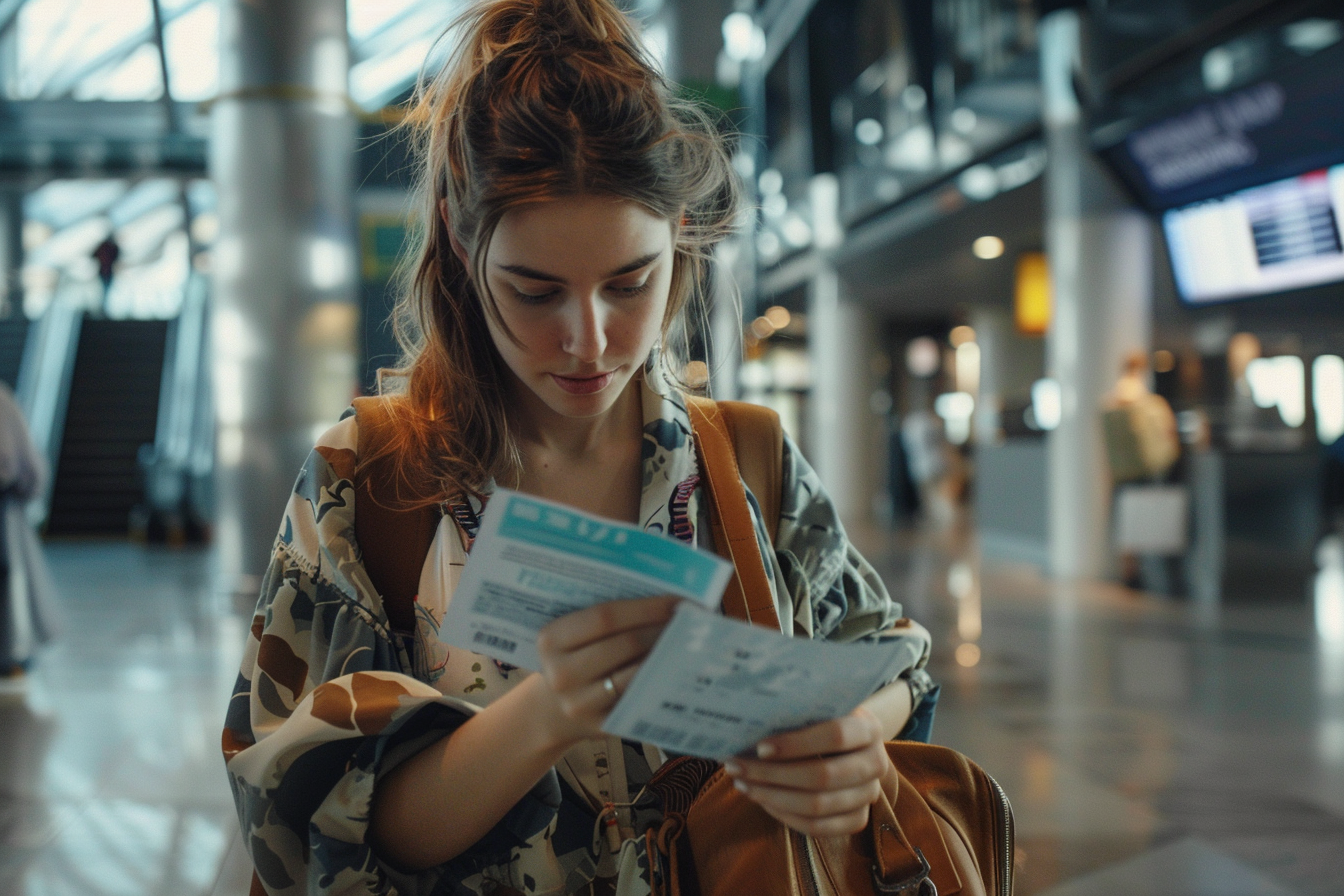 Image gratuite Fille effarée fouillant sac pour billet d’embarquement égaré 4