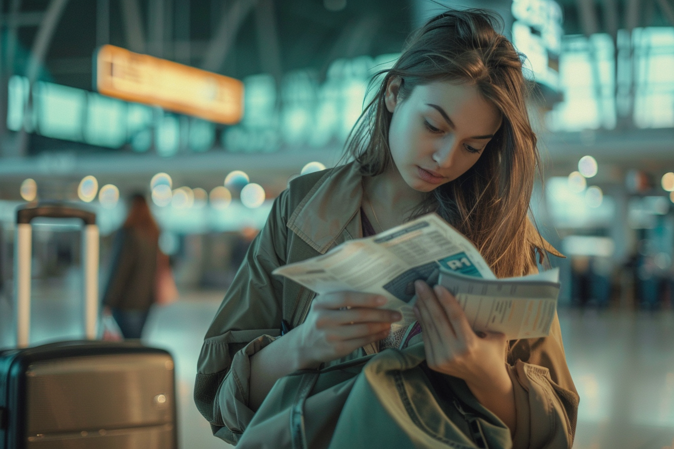 Image gratuite Fille effarée fouillant sac pour billet d’embarquement égaré 6