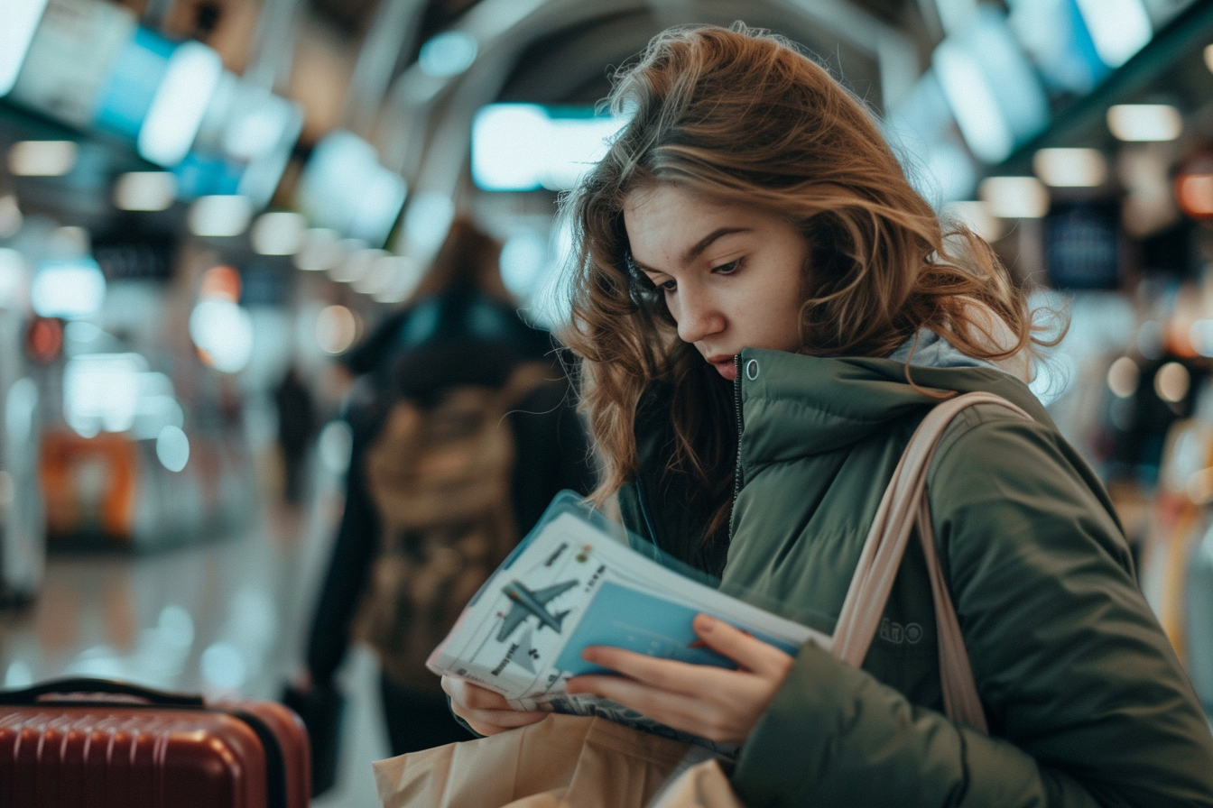Image gratuite Fille effarée fouillant sac pour billet d’embarquement égaré 7