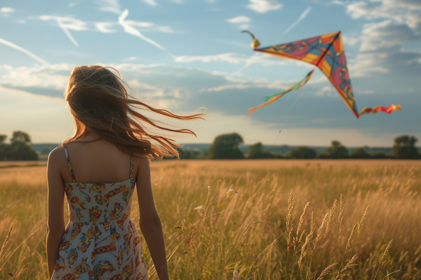 Image gratuite Fille faisant voler un cerf-volant dans une prairie 1