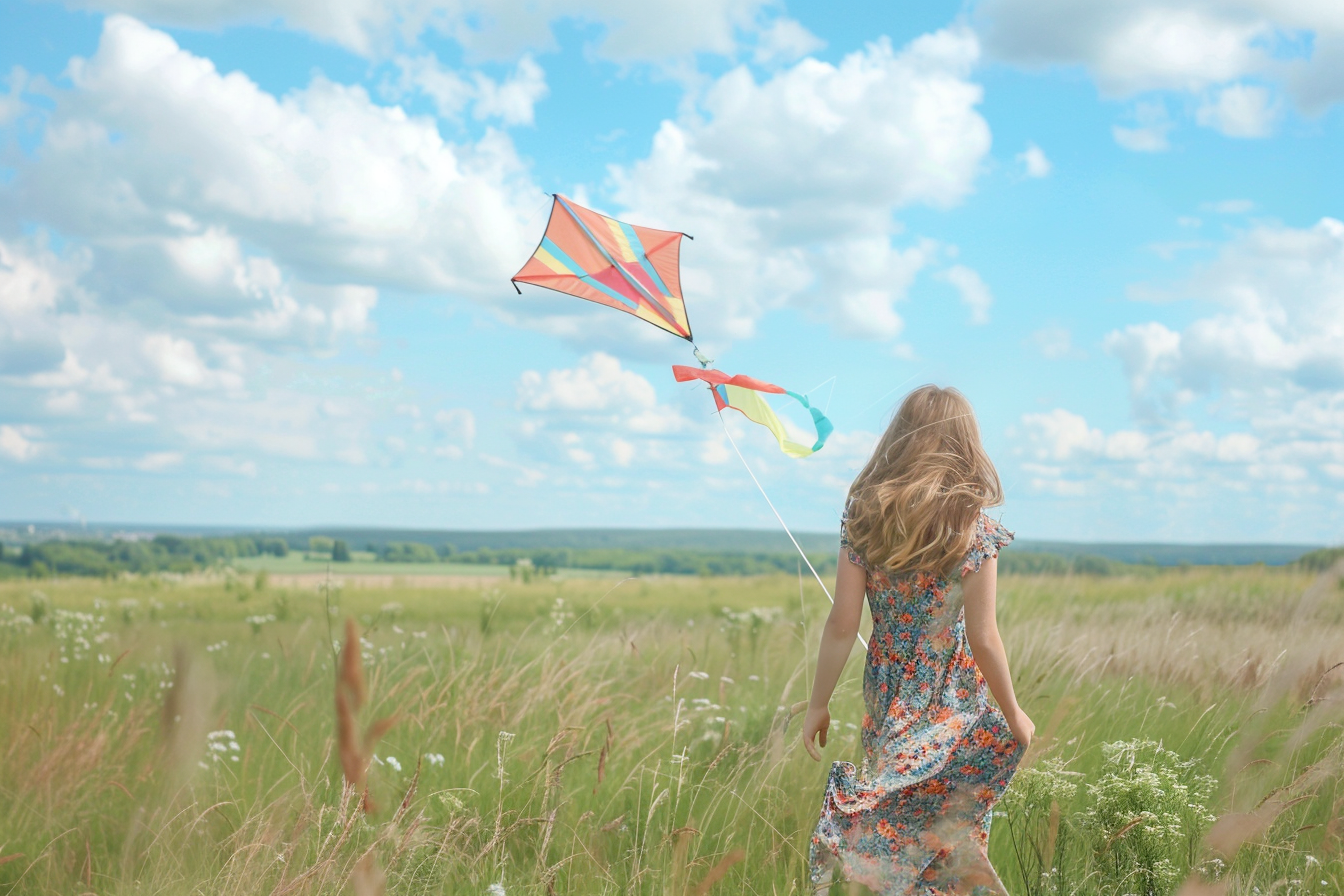 Image gratuite Fille faisant voler un cerf-volant dans une prairie 2