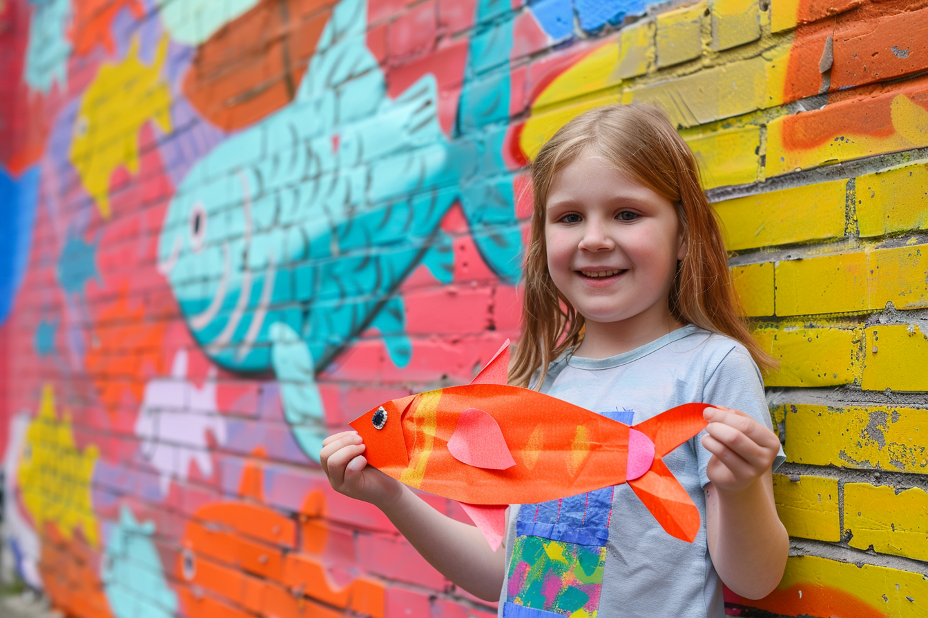 Image gratuite Fille fière, poisson papier, devant fresque colorée 1