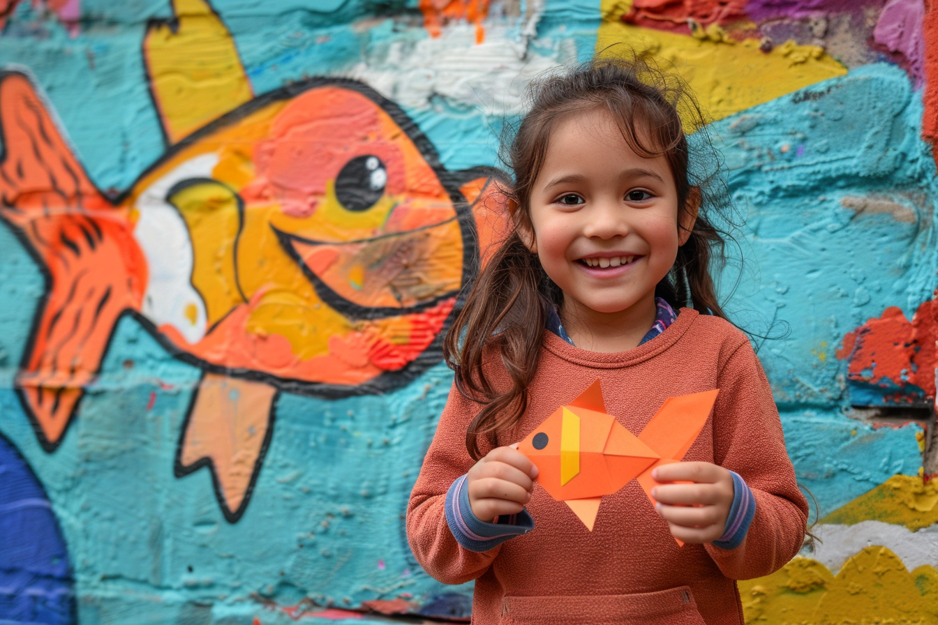 Image gratuite Fille fière, poisson papier, devant fresque colorée 2