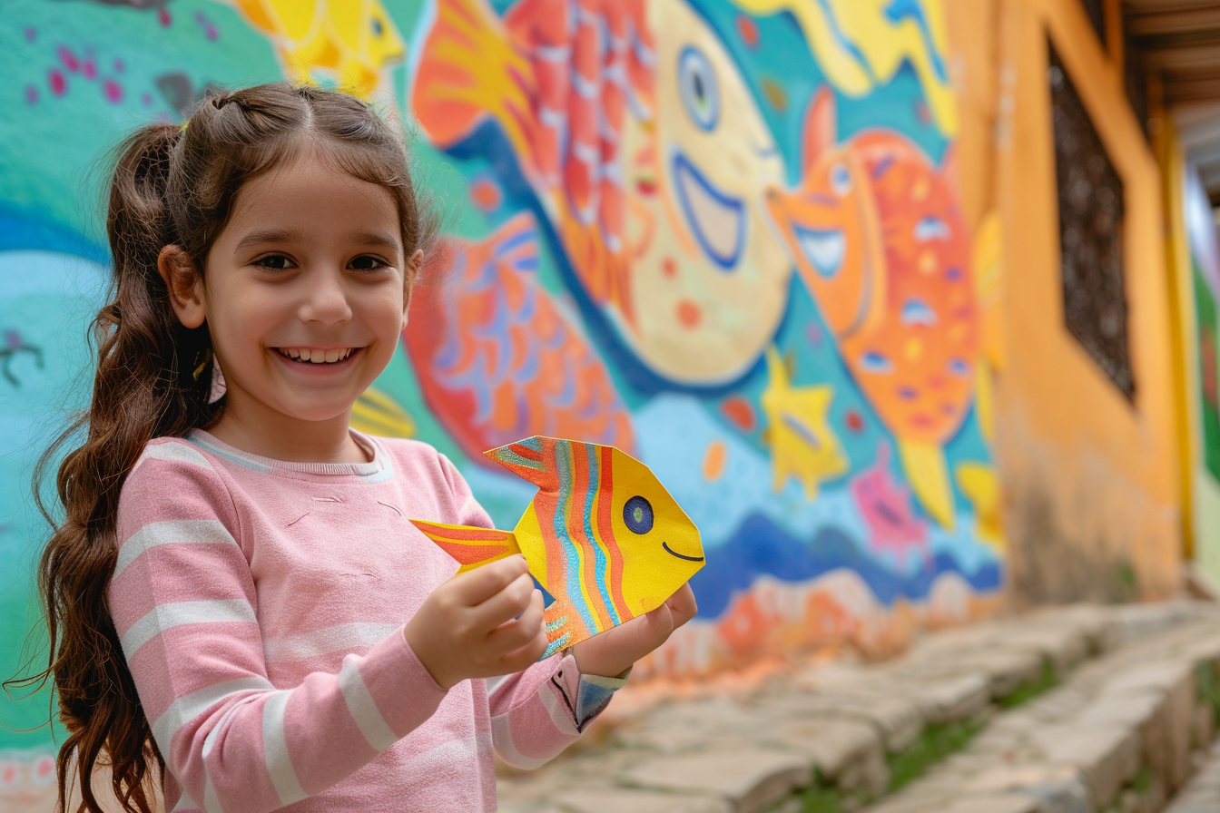 Image gratuite Fille fière, poisson papier, devant fresque colorée 3