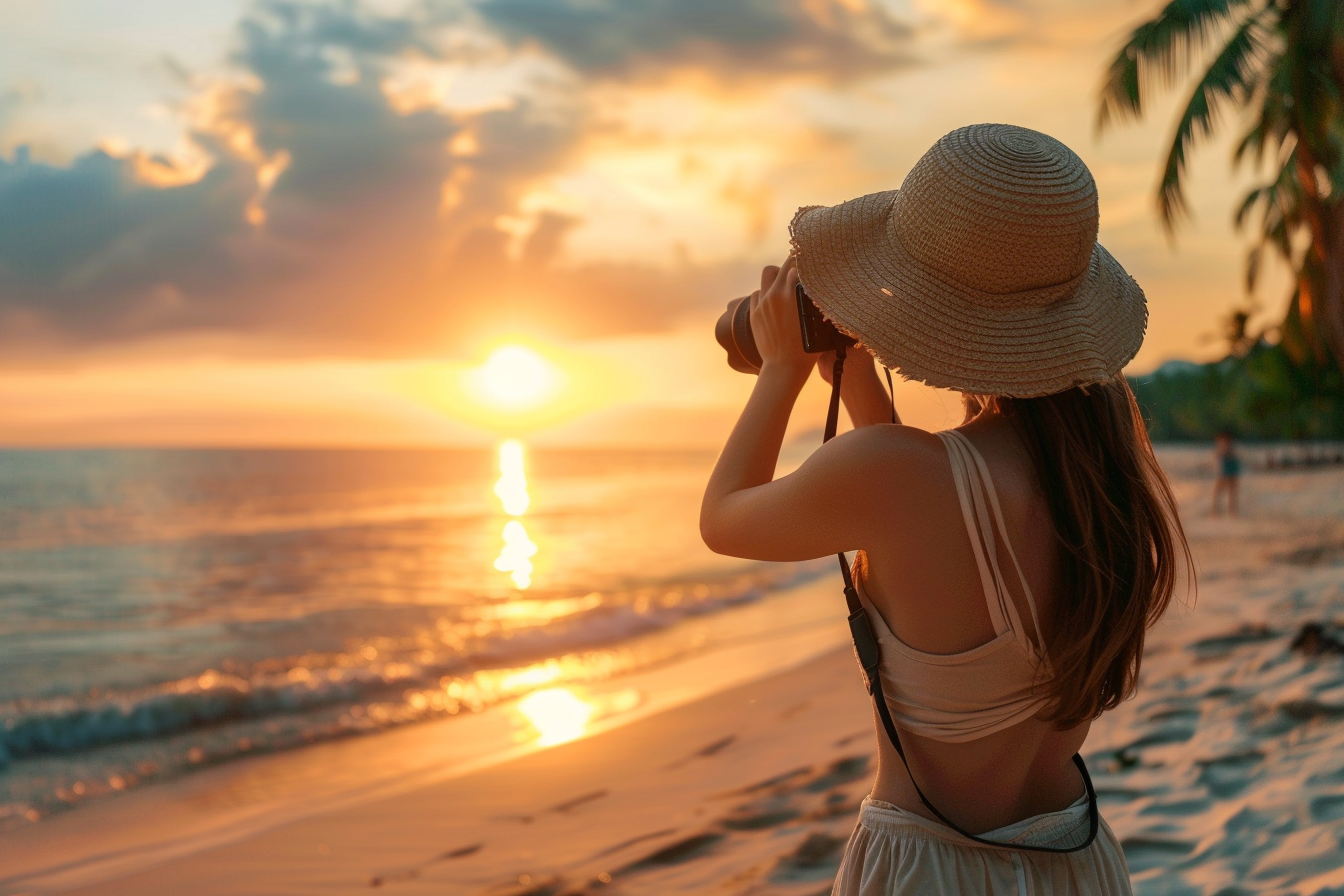 Image gratuite Fille photographiant un coucher de soleil tropical 1