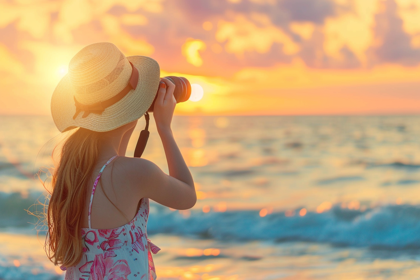 Image gratuite Fille photographiant un coucher de soleil tropical 2