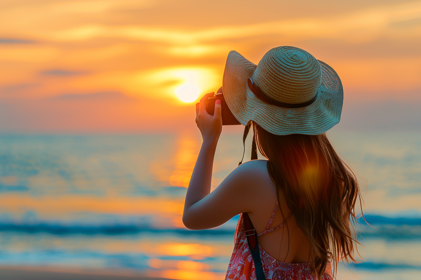 Image gratuite Fille photographiant un coucher de soleil tropical 3