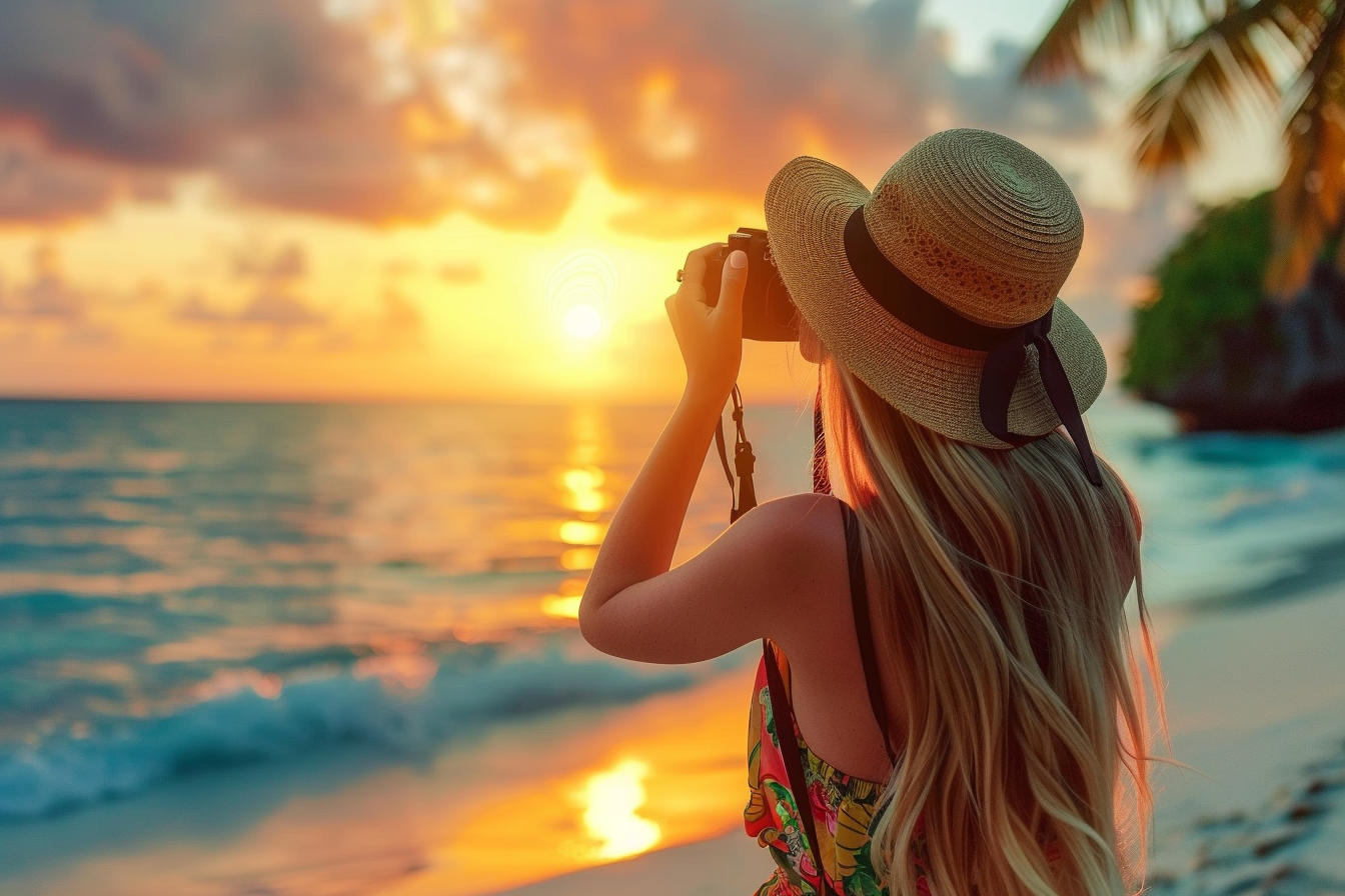 Image gratuite Fille photographiant un coucher de soleil tropical 4