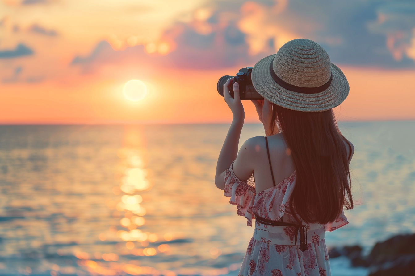 Image gratuite Fille photographiant un coucher de soleil tropical 5