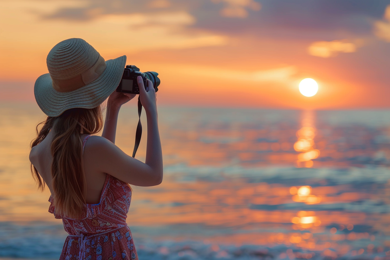 Image gratuite Fille photographiant un coucher de soleil tropical 6